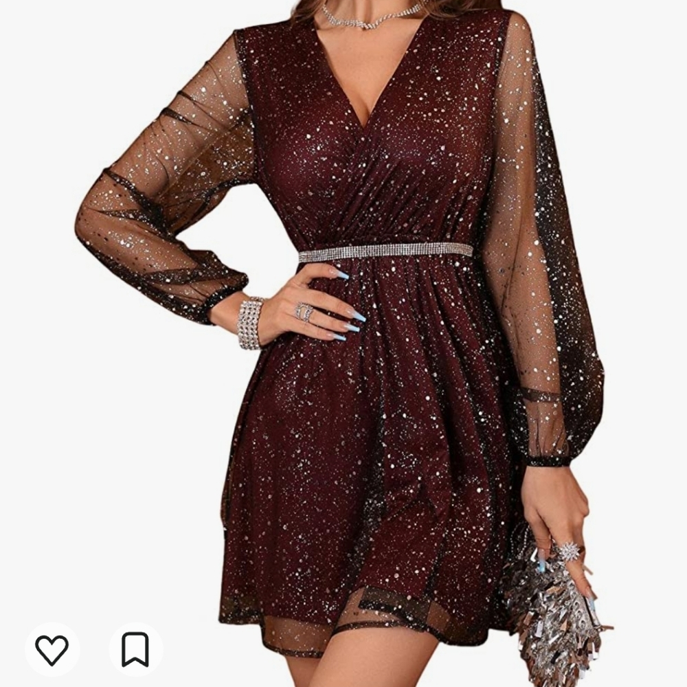 Women's Long Sleeve V Neck Mesh Cocktail Dress